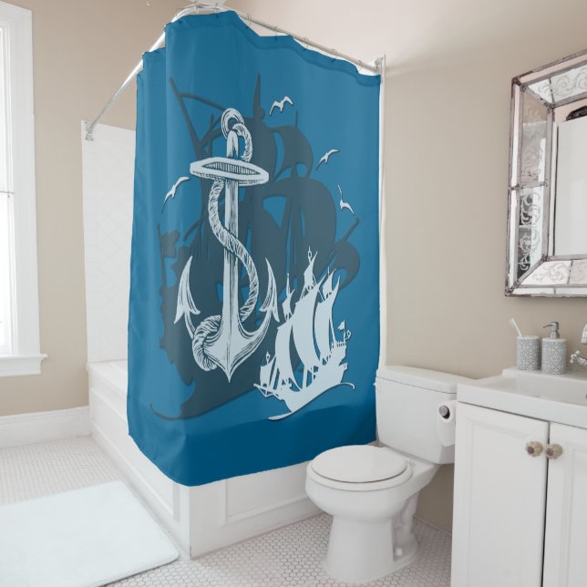 Rideaux De Douche Bateau pirate & Ancre Silhouette blanche (En situation)