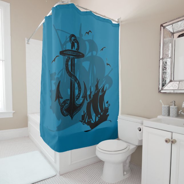 Rideaux De Douche Bateau pirate et Ancre noir Silhouette 2 (En situation)