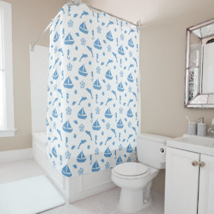 Rideaux De Douche Bateaux et dauphins Motif nautique Bleu blanc