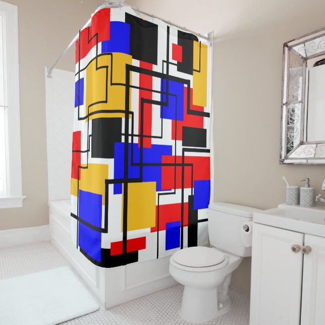 Rideaux De Douche Bauhaus Rectangles et lignes - Blanc (En situation)
