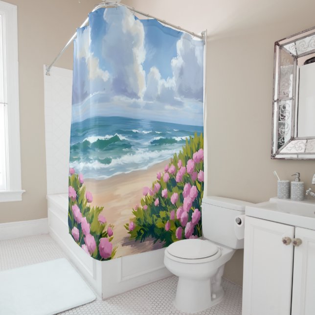 Rideaux De Douche Beach in Bloom | Pink Hydrangea Oceanside Coastal (En situation)