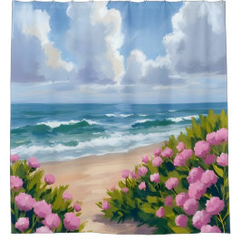 Rideaux De Douche Beach in Bloom | Pink Hydrangea Oceanside Coastal