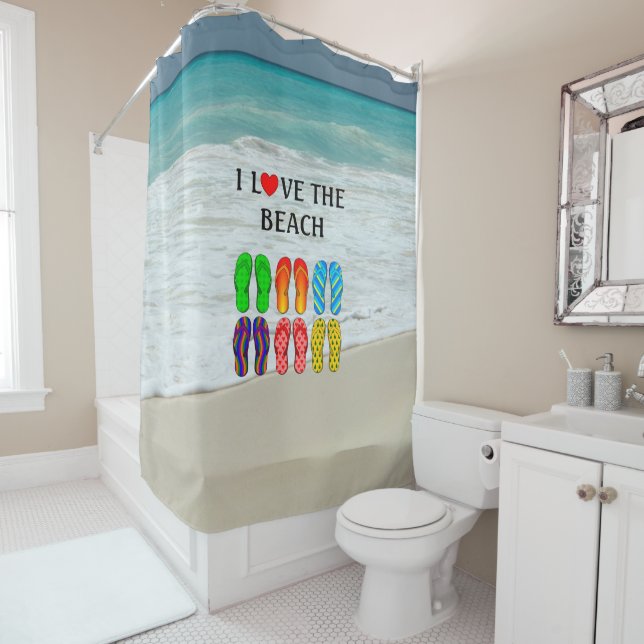 Rideaux De Douche Beach Love, design de plage populaire avec tongs, (En situation)