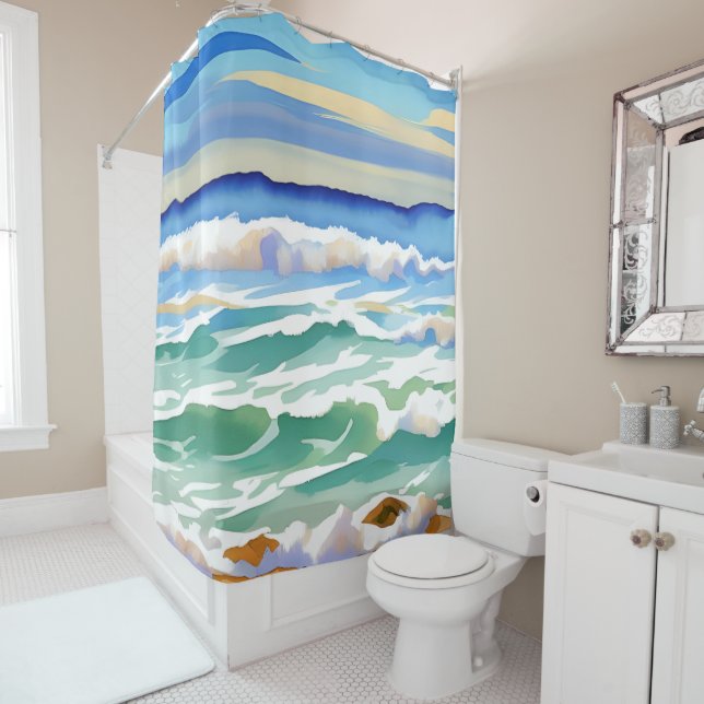 Rideaux De Douche Beach Ocean Sea Design 300 Blue Green (En situation)