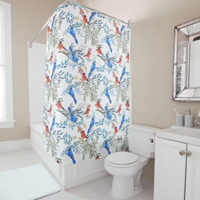 Rideaux De Douche Beau Aquarelle Oiseaux et Motif de Foliage (En situation)