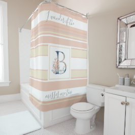 Rideaux De Douche Beau corail côtier bleu monogramme rose rayé
