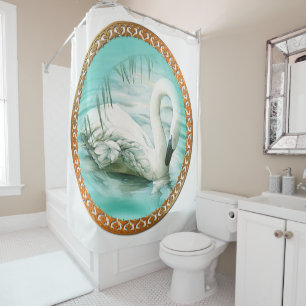 Rideaux De Douche Beau cygne blanc dans une eau bleue de turquoise