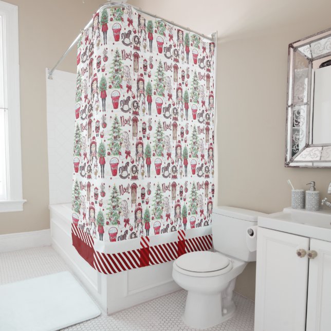 Rideaux De Douche Beaux éléments de Noël en aquarelle rouge plaid (En situation)