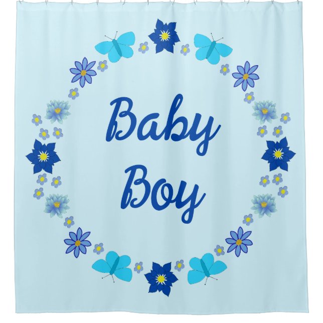 Rideaux De Douche Bébé bleu Papillons et fleurs personnalisés (Devant)