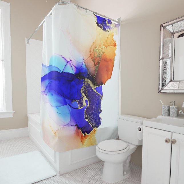 Rideaux De Douche Belle Art Abstrait Indigo Bleu Orange (En situation)