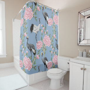Rideaux De Douche Belle chinoiserie exotique fleurie et oiseau