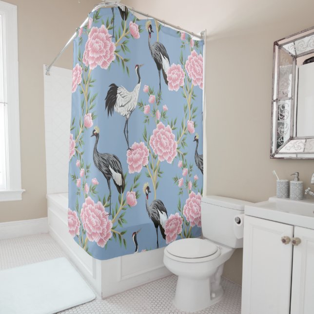 Rideaux De Douche Belle chinoiserie exotique fleurie et oiseau (En situation)