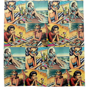 Rideaux De Douche Belle dame rétro à la plage avec Cocktail