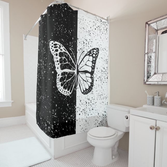 Rideaux De Douche Belle Elégante Papillon Noir Blanc Jour Nuit (En situation)