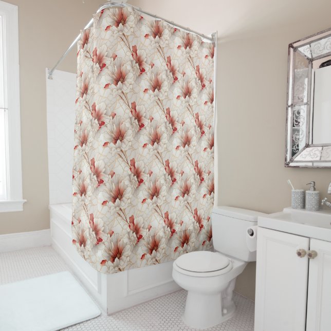 Rideaux De Douche Belle Flore Rouge Blanc (En situation)