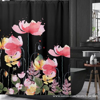 Rideaux De Douche Belle peinture aquarelle fleurs sauvages noir
