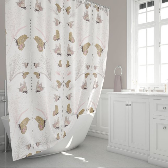 Rideaux De Douche Belles papillons d'or (Whimsical Butterflies Gold and Pink Shower Curtain from Jenn Steffen for Studio Posies.)