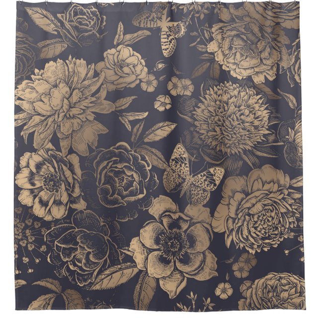 Rideaux De Douche Belles pivoines de fleurs, roses et papillons.  (Devant)