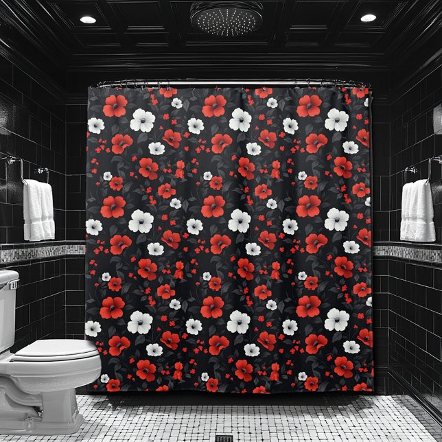 Rideaux De Douche Belles roses rouges et blanches sur fond noir (Créateur téléchargé)