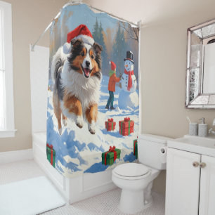 Rideaux De Douche Berger des Shetland courant dans la neige avec un 