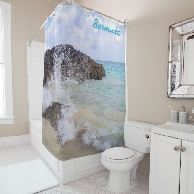 Rideaux De Douche Bermudes Vague sur roches de lave noire (En situation)