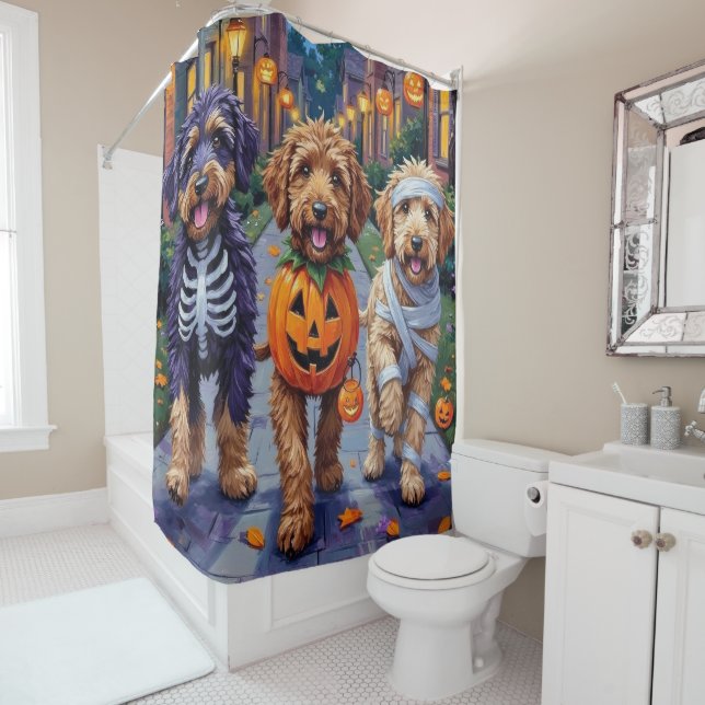 Rideaux De Douche Bernedoodle Dogs Trick or Treating in Halloween Co (En situation)