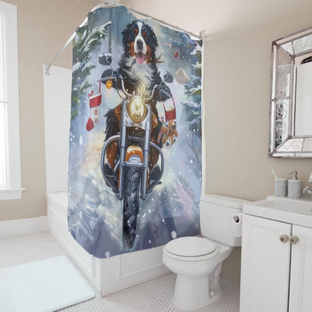 Rideaux De Douche Bernese Mountain Dog équitation Moto Noël (En situation)