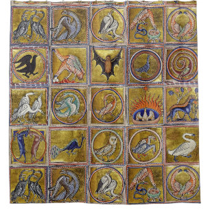 RIDEAUX DE DOUCHE BESTIAIRE MÉDIÉVAL, ANIMAUX FANTASTIQUES, ROUGE D'