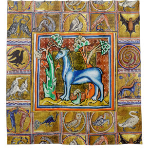 RIDEAUX DE DOUCHE BESTIAIRE MÉDIÉVAL, UNICORNE, ANIMAUX FANTASTIQUES
