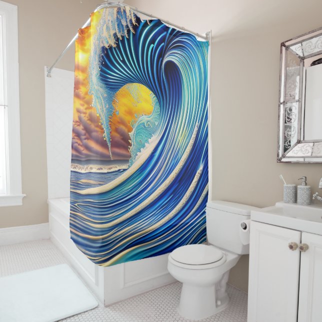 Rideaux De Douche Big Blue Ocean Wave sur Sunset Sky (En situation)