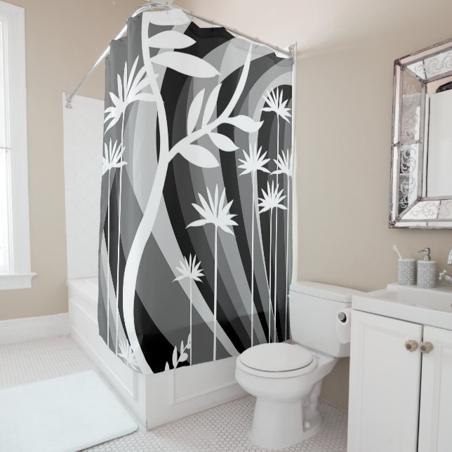Rideaux De Douche Black and White Botanical Plant Illustration (En situation)