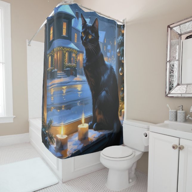 Rideaux De Douche Black Cat With Christmas Lights Holiday (En situation)