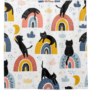 Rideaux De Douche Black Cats Rainbows Motif Imaginaire