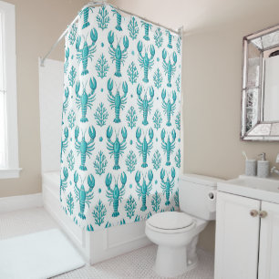 RIDEAUX DE DOUCHE BLANC AVEC HOMARDS VERT AQUA ET PLANTES AQUATIQUES