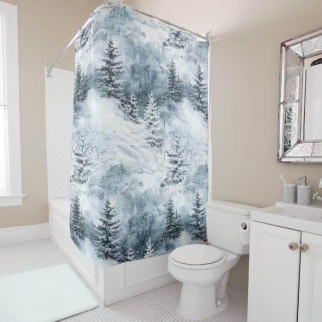 Rideaux De Douche Blanc Bleu Arbres de Noël Neige d'hiver (En situation)