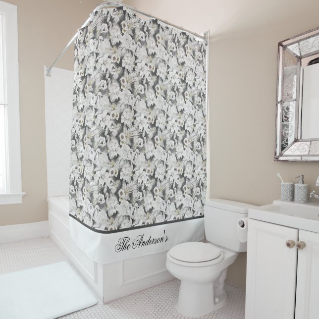 Rideaux De Douche Blanc Gris Cygne Floral Élégant Stylé Monogramme (En situation)