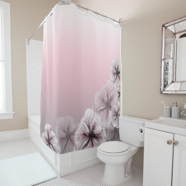 Rideaux De Douche Blanc gris floral rose Ombre (En situation)