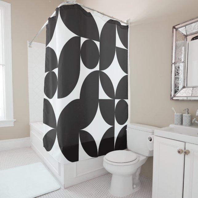 Rideaux De Douche Blanc Noir Géométrique Abstrait Mid Century Modern (En situation)