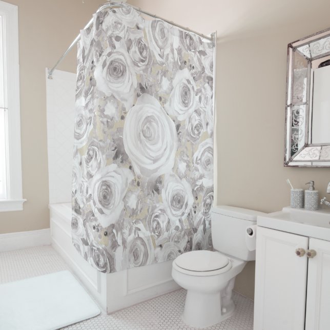 Rideaux De Douche Blanc Russe Roses d'hiver Shabby Chic Kraft (En situation)