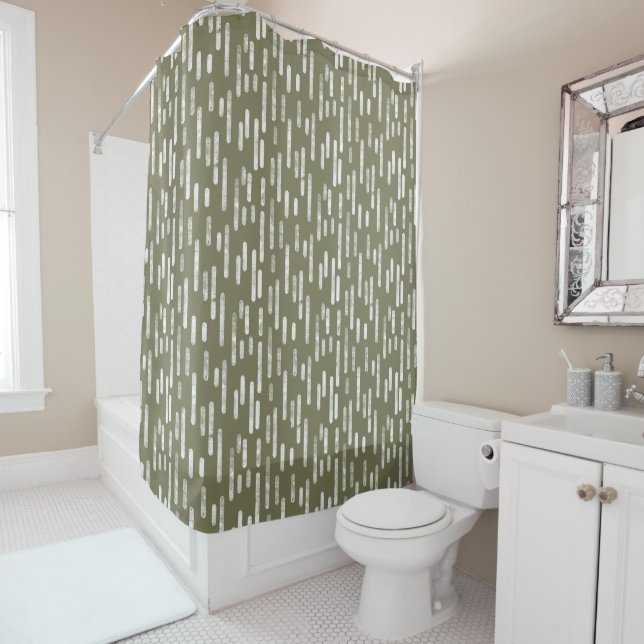 Rideaux De Douche Blanc sur Olive Green Inky Roundlines Motif (En situation)