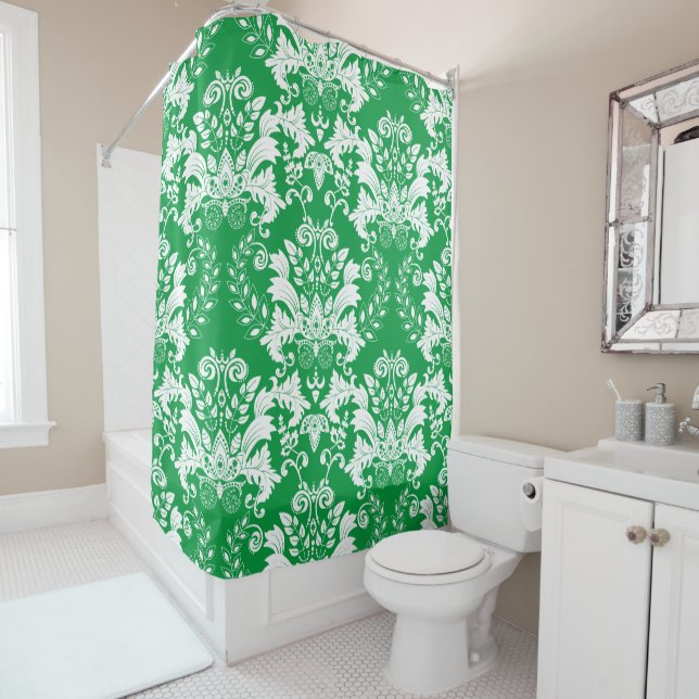 Rideaux De Douche Blanc sur vert damas floraux motif (En situation)