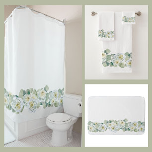 Rideaux De Douche Blanc vert délicat aquarelle rose feuille