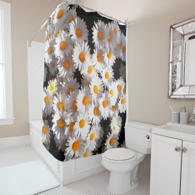 Rideaux De Douche Blancs Brillants Sur Art Floral Noir (En situation)