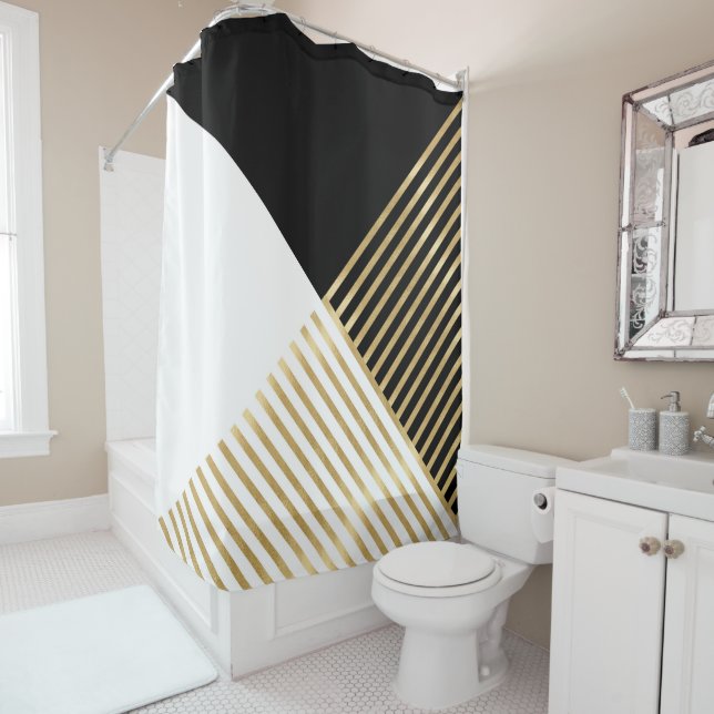 Rideaux De Douche Blancs d'or géométrique noir moderne (En situation)