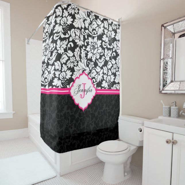 Rideaux De Douche Blancs et noirs Damas Pink Stripe 2 (En situation)