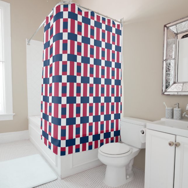 Rideaux De Douche Blancs rouges et bleus, bloc de couleurs (En situation)