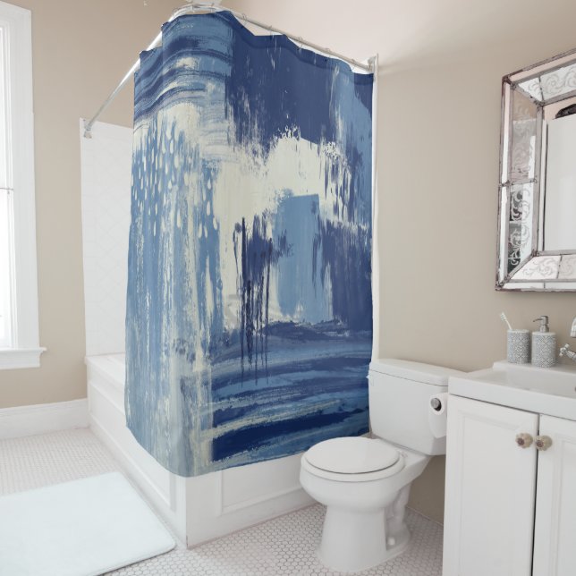 Rideaux De Douche Bleu Abstrait et ivoire (En situation)