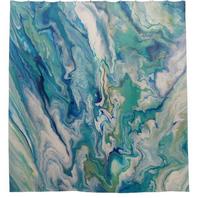 Rideaux De Douche Bleu, aqua, jaune moderne abstrait (Devant)