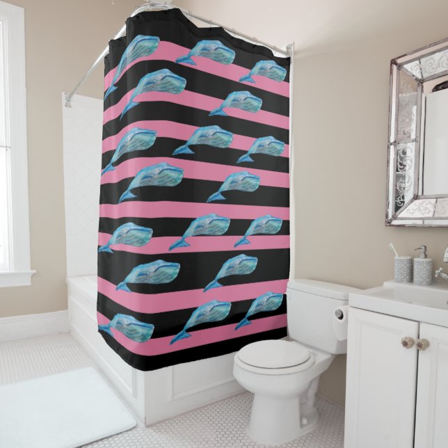 Rideaux De Douche Bleu baleines couleur Arrière - plan personnalisée (En situation)