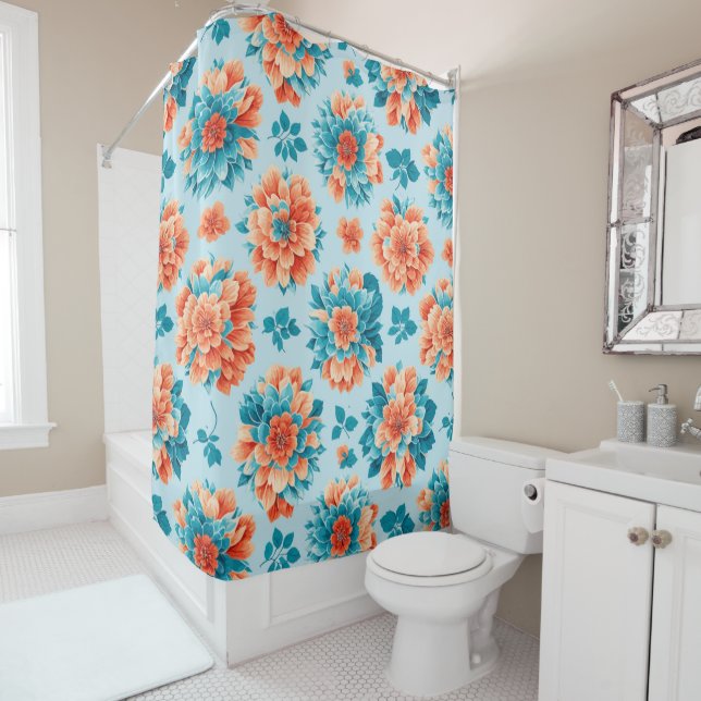 Rideaux De Douche Bleu blanc et fleurs oranges : Artistique (En situation)